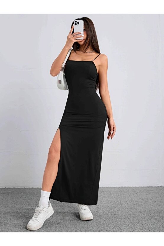 EQURİ Kadın Ip Askılı Yandan Yırtmaçlı Janjan Krep Elbise