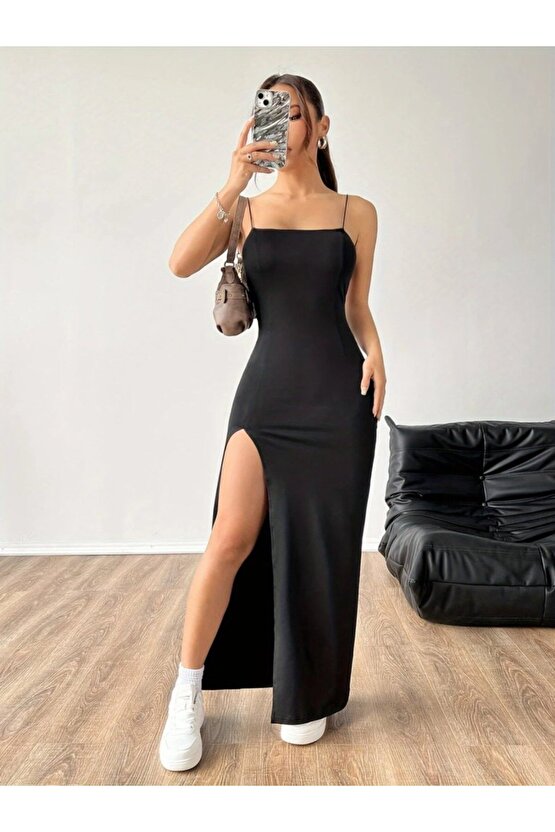 EQURİ Kadın Ip Askılı Yandan Yırtmaçlı Janjan Krep Elbise