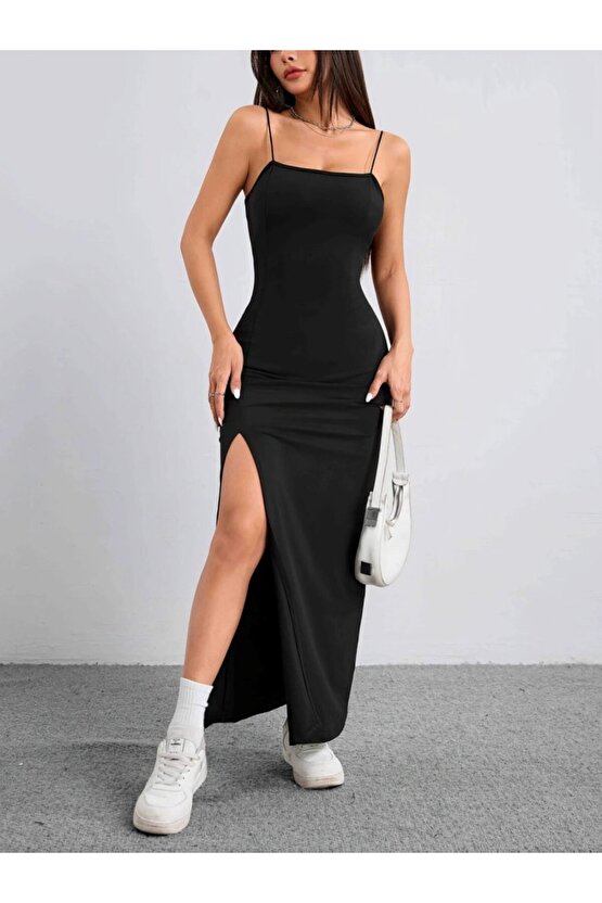 EQURİ Kadın Ip Askılı Yandan Yırtmaçlı Janjan Krep Elbise