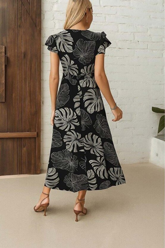 Kadın Kısa Kollu V Yakalı Desenli Yandan Yırtmaçlı Süprem Elbise