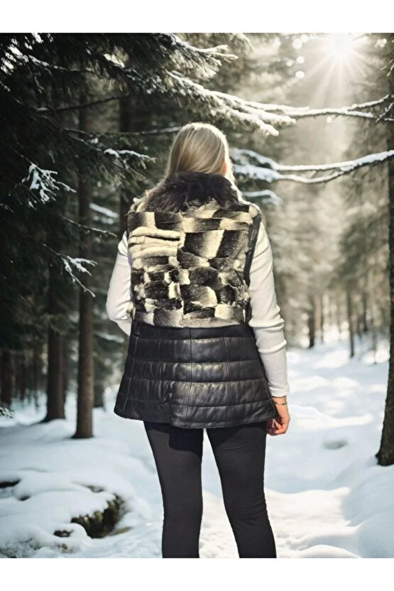 Kadın Kolsuz Hakiki Deri Kürk - Siyah