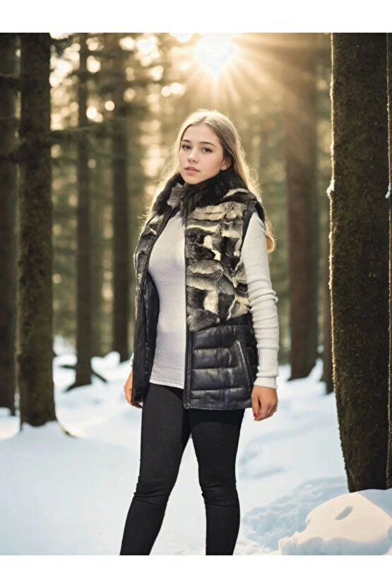 Kadın Kolsuz Hakiki Deri Kürk - Siyah