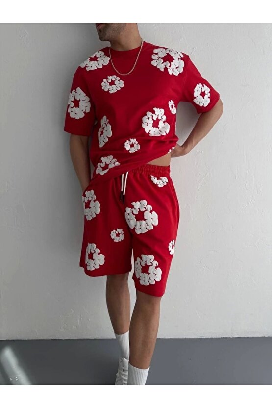 İki İplik Kumaş Baskılı T-shirt Şortlu Takım- Kırmızı