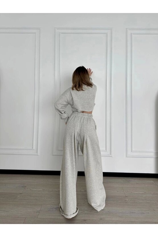 Uzun Kollu Önü İp Büzgülü Crop ve Pantolon İkili Takım - Gri