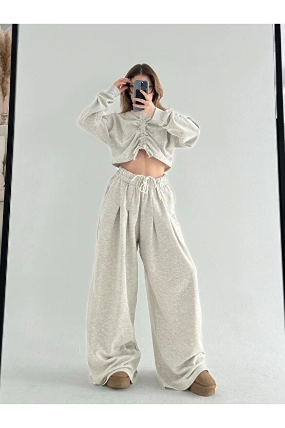 Uzun Kollu Önü İp Büzgülü Crop ve Pantolon İkili Takım - Gri