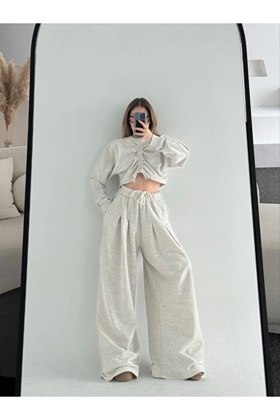 Uzun Kollu Önü İp Büzgülü Crop ve Pantolon İkili Takım - Gri