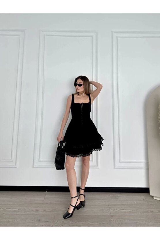 Mini Askılı Elbise - Siyah