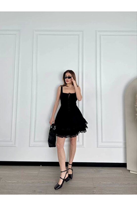 Mini Askılı Elbise - Siyah