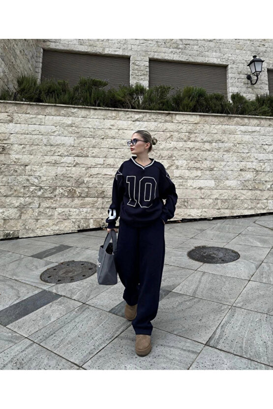 V Yaka Üç İplik Sweat Takım - Siyah