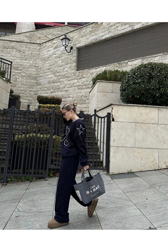 V Yaka Üç İplik Sweat Takım - Siyah