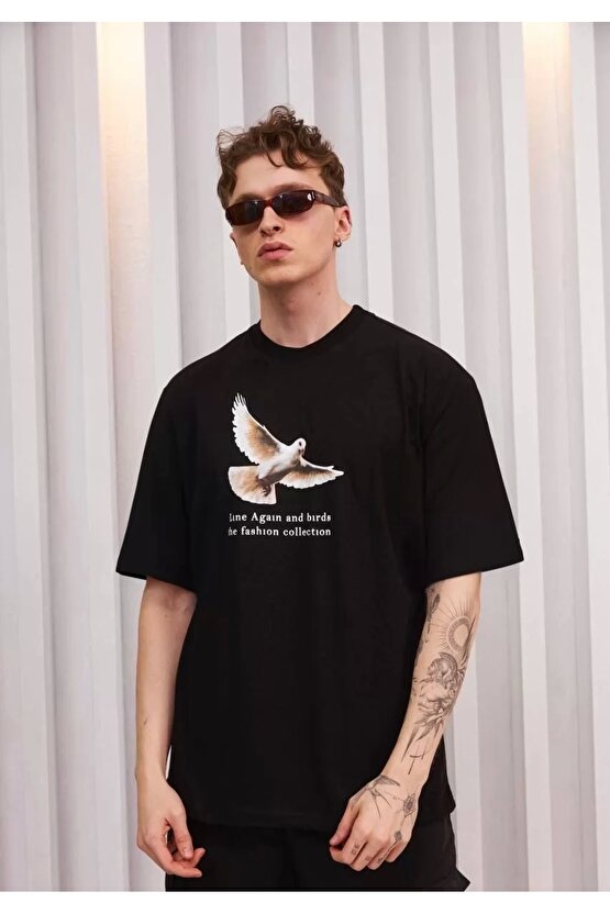 Unisex Bisiklet Yaka Baskılı Oversize T-Shirt - Siyah