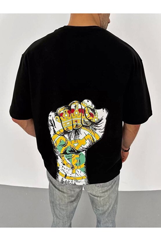 Unisex Bisiklet Yaka Baskılı Oversize T-Shirt - Siyah