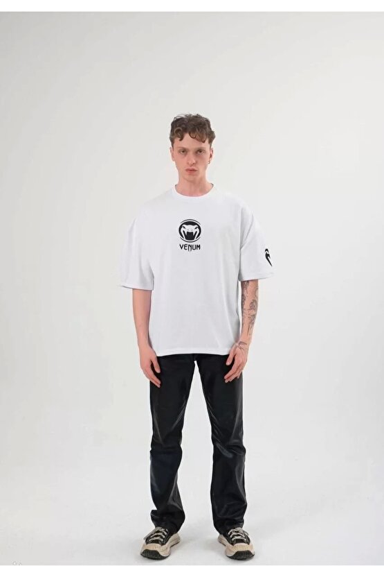 Unisex Bisiklet Yaka Baskılı Oversize T-Shirt - Beyaz