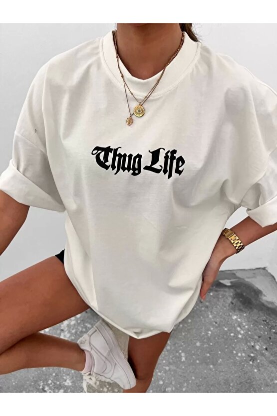 Unisex Bisiklet Yaka Baskılı Oversize T-Shirt - Beyaz