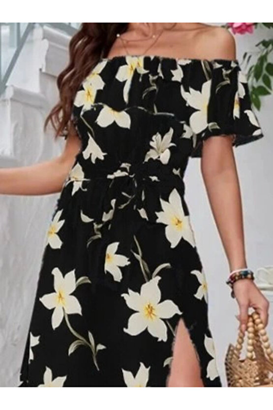 Kadın Kısa Kollu Madonna Yaka Fırfırlı Belden Yırtmaçlı Maksi örme Krep Elbise