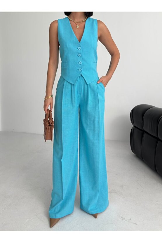 Kadın Keten Sırtı Çapraz Geçişli Cepken Pantolon İkili Takım