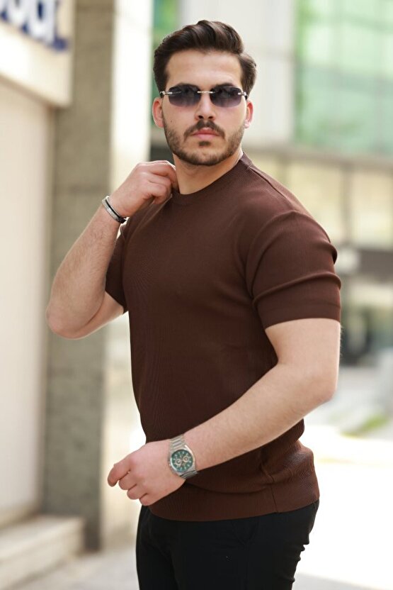 Erkek Bisiklet Yaka Jakarlı Kısa Kollu Tshirt