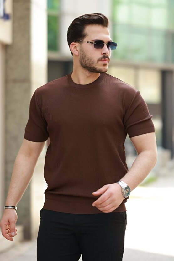 Erkek Bisiklet Yaka Jakarlı Kısa Kollu Tshirt