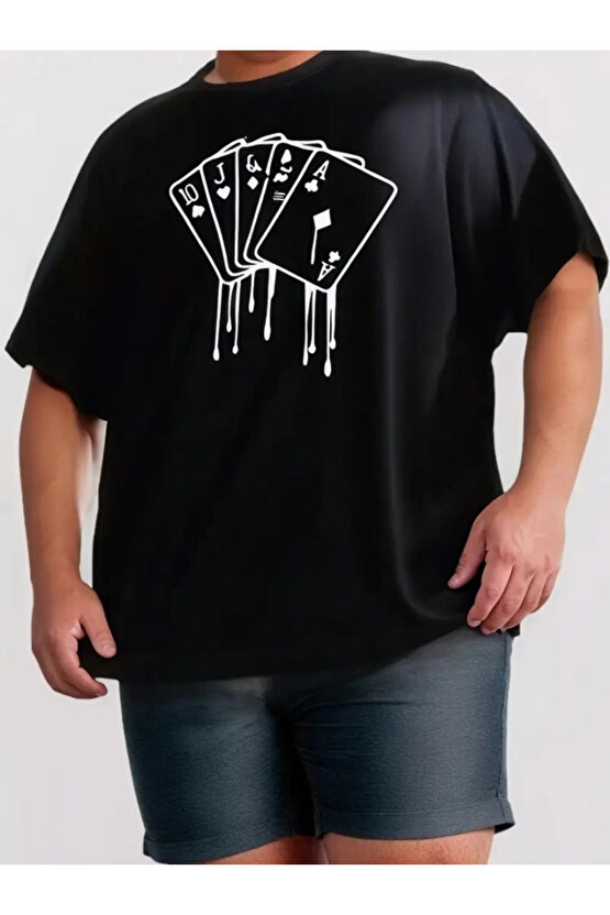 Erkek Büyük Beden Kart Baskılı Düz Renk Kısa Kollu Bisiklet Yaka Tişört Gündelik Giyim - Siyah