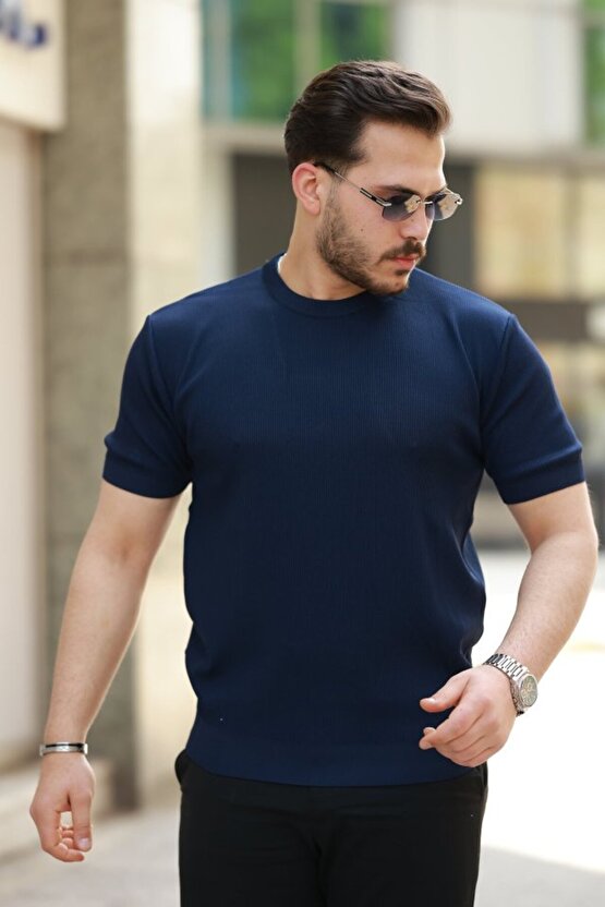 Erkek Bisiklet Yaka Jakarlı Kısa Kollu Tshirt