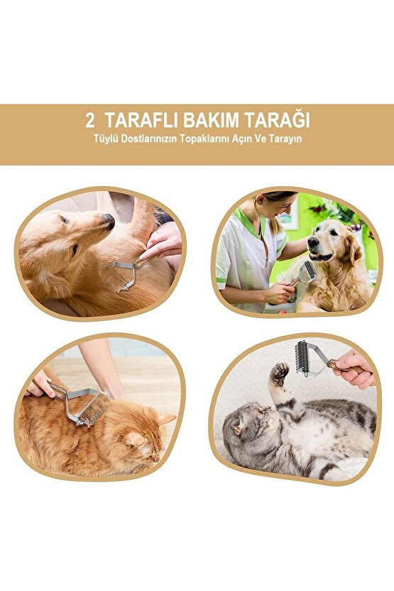 Ahşap Saplı Çift Taraflı Kedi Köpek Bakım Kıtık Tüy Topak Açıcı Metal Dişli Evcil Hayvan Tarağı