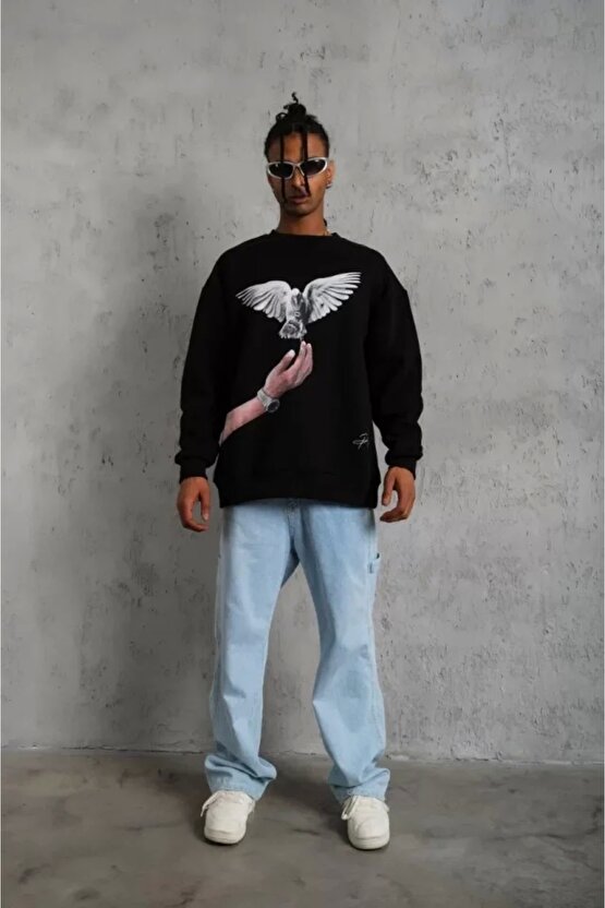 Erkek Güvercin Baskılı Sweatshirt - Siyah