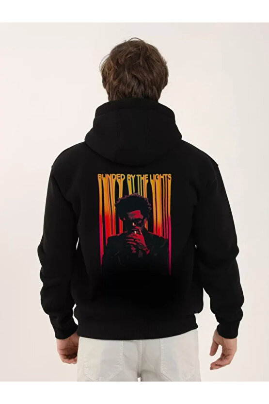 Unisex Baskılı Oversize Üç İplik Kapüşonlu Sweatshirt - Siyah