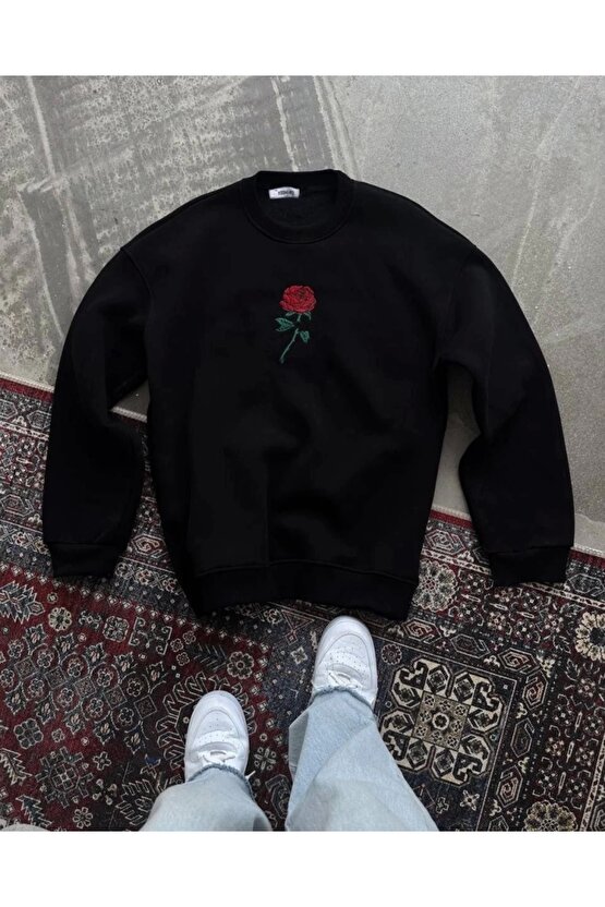 Unisex Bisiklet Yaka Ön Ve Arka Baskılı SweatShirt - Siyah