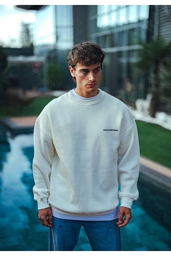 Kışlık Bisiklet Yaka Oversize Baskılı SweatShirt - Beyaz