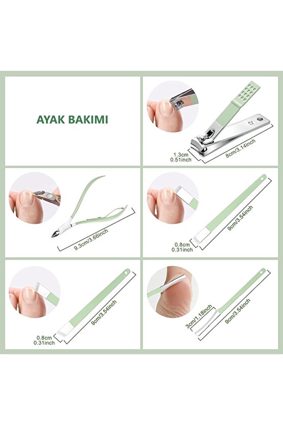 16 Parça Profesyonel Çelik Paslanmaz Deri Çantalı Manikür Pedikür Tırnak Yüz Bakım Seti- Yeşil