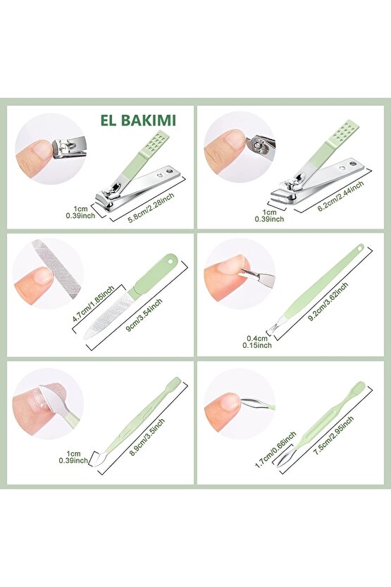 16 Parça Profesyonel Çelik Paslanmaz Deri Çantalı Manikür Pedikür Tırnak Yüz Bakım Seti- Yeşil