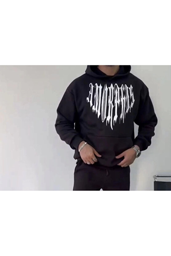 Uzun Kol Kapşonlu Baskılı SweatShirt - Siyah