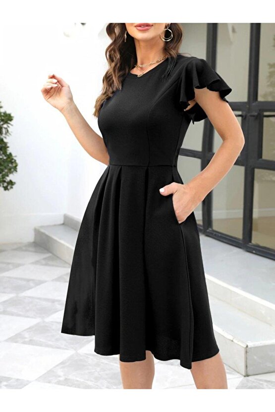 Kadın Kelebek Kollu Bisiklet Yakalı Pileli Ithal Krep Elbise