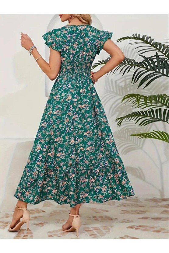 Kadın Kısa Kollu Kruvaze Yaka Beli Lastikli çiçek Desenli Elbise