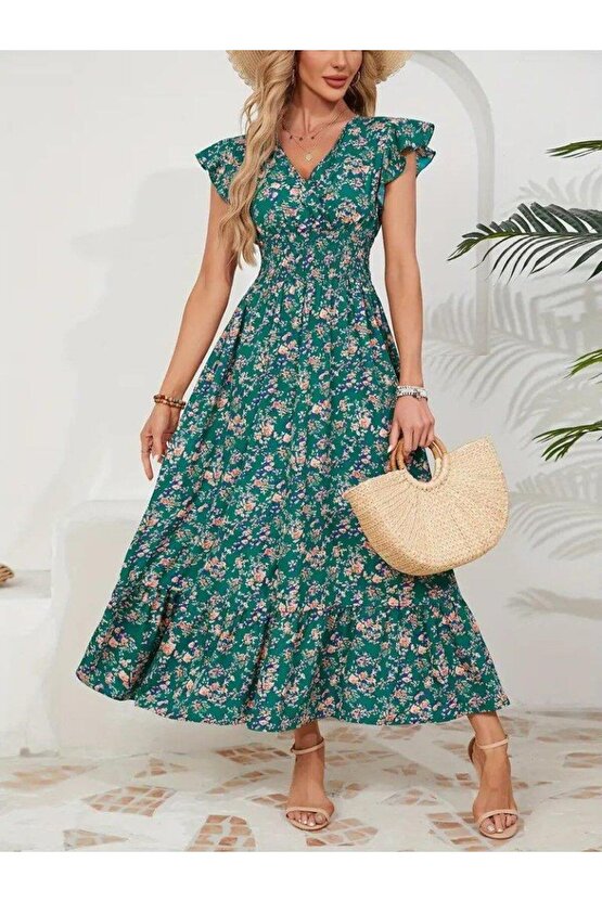 Kadın Kısa Kollu Kruvaze Yaka Beli Lastikli çiçek Desenli Elbise