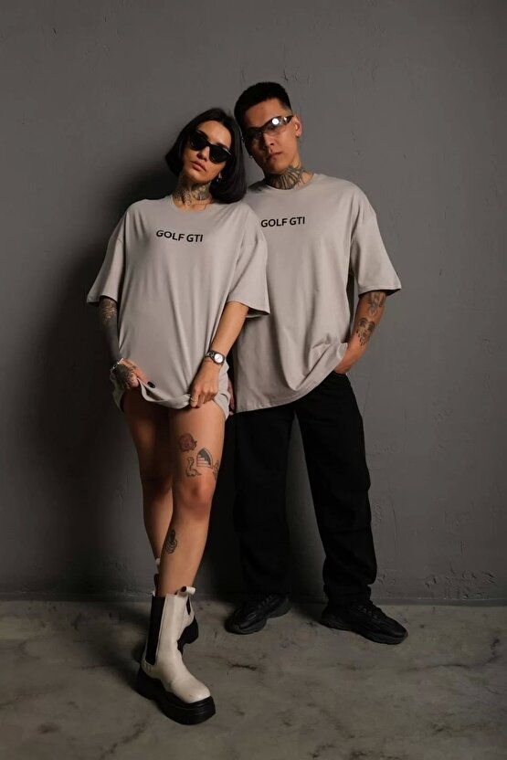 Erkek Sırt Golf Baskılı Oversize T-shirt - Gri