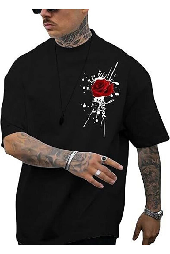 Erkek Bisiklet Yaka Kısa Kol Baskılı T-shirt - Siyah