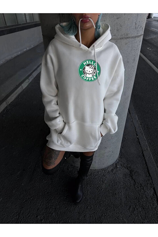 Üç İplik Penye Uzun Kol Kapüşonlu SweatShirt - Beyaz