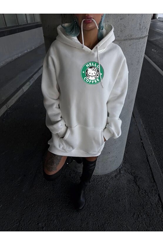 Üç İplik Penye Uzun Kol Kapüşonlu SweatShirt - Beyaz