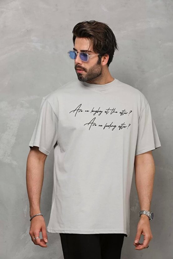 Unisex Bisiklet Yaka Baskılı Oversize T-Shirt - Gri