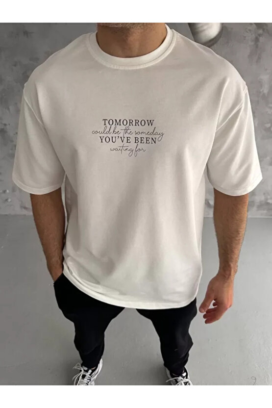 Kendim Fashion Unisex Bisiklet Yaka Baskılı Oversize T-Shirt - Beyaz