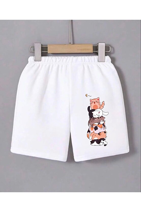 Kadın Beli Lastikli Baskılı Mini Şort - Beyaz