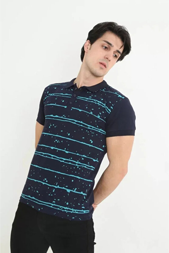 Erkek Yakalı Slim Fit Pike Çizgili T-Shirt - Mavi