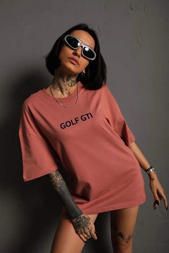 Kadın Sırt Golf Gtı Baskılı Oversize T-shirt - Gül Kurusu