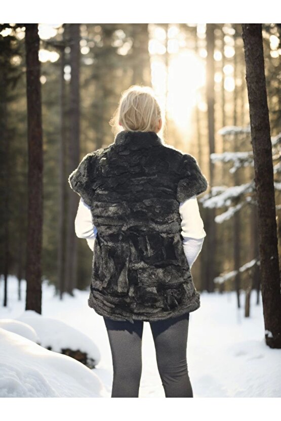 Kadın Kolsuz Hakiki Kürk - Siyah