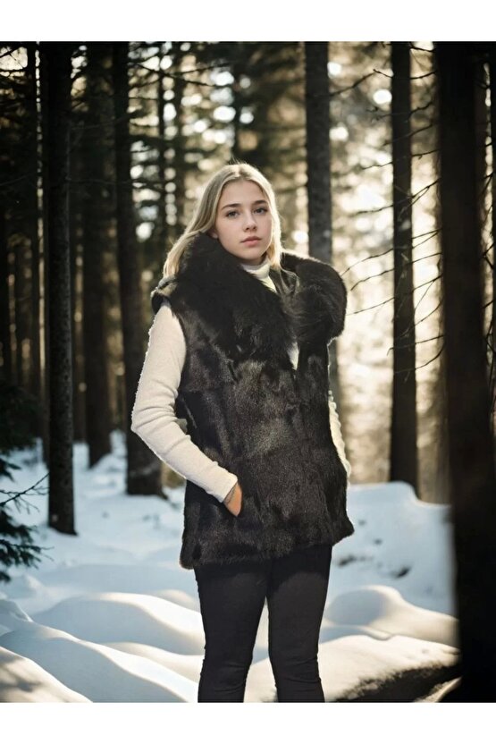 Kadın Kolsuz Kapüşonlu Yelek - Siyah