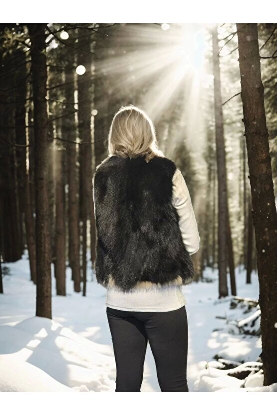 Kadın Kolsuz Fermuarlı Yelek - Siyah