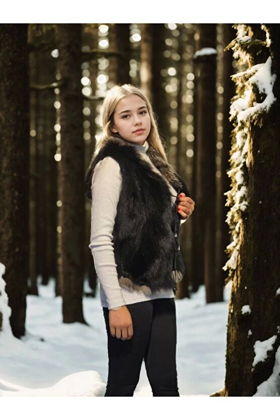 Kadın Kolsuz Fermuarlı Yelek - Siyah