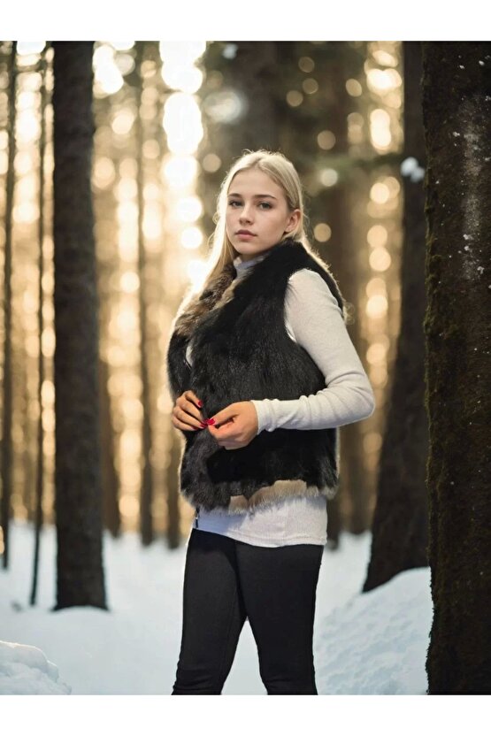 Kadın Kolsuz Fermuarlı Yelek - Siyah