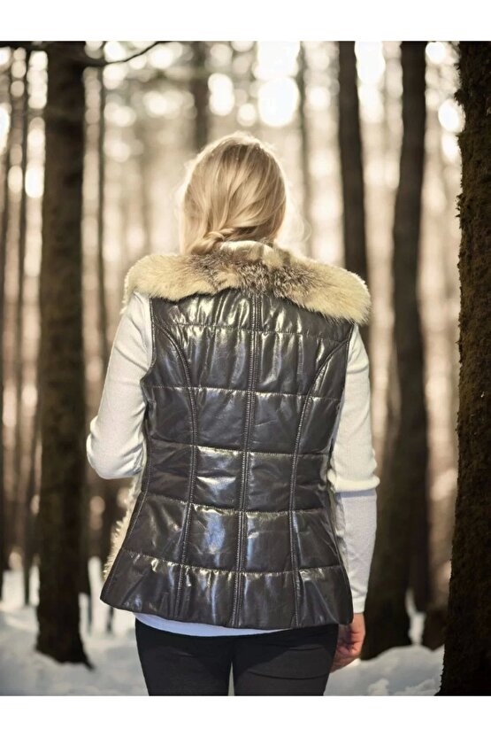 Kadın Kolsuz Hakiki Yelek - Fuşya